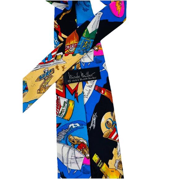 NICOLE MILLER 1993 VINTAGE SUMMER BEACH SURF MILLER BEER SILK TIE 3.75 x 58 in - Picture 1 of 5
